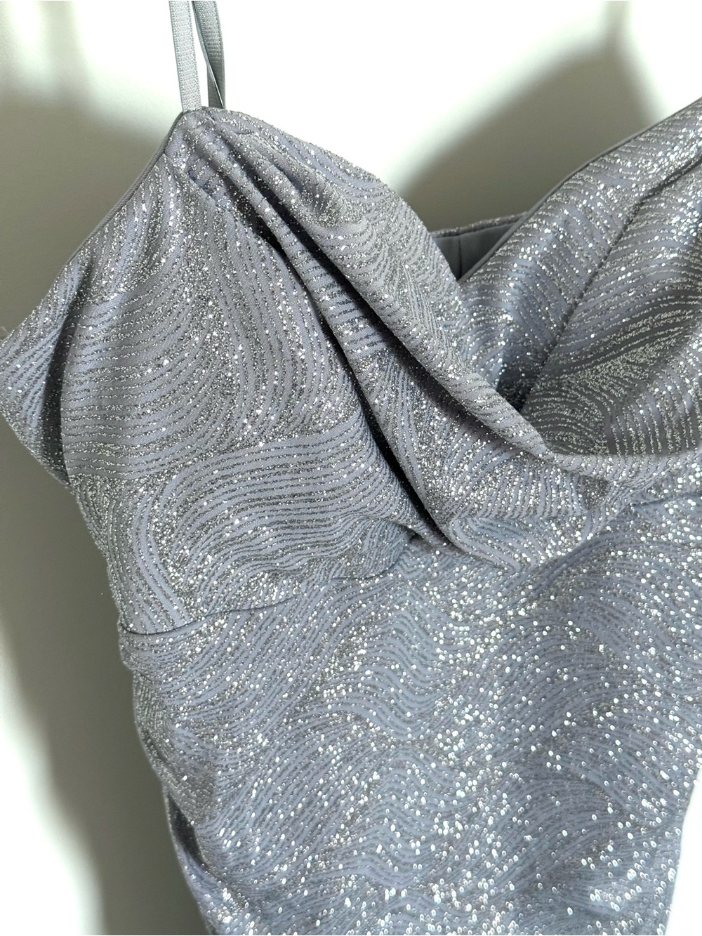 Emerald Sundae Silver Glitter Draped Cowl Neck Ruched Mini Dress Large - Picture 7 of 14